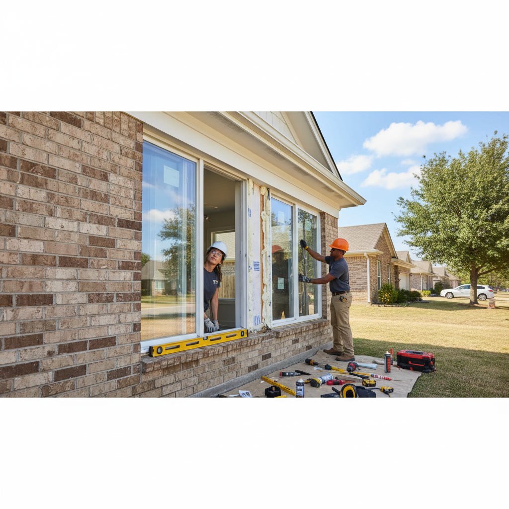 Professional installer checking level and seal of replacement window during installation